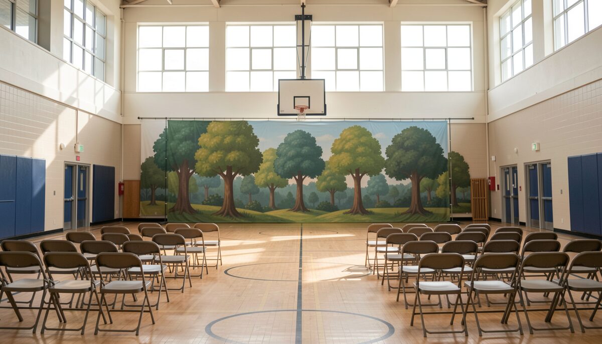 a school gymnasium set with rows of small folding chairs facing a portable backdrop of painted trees, morning light through high windows, no people