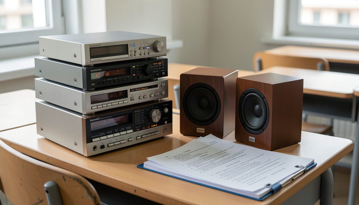 a pair of small desktop speakers beside a stack of cassette-era audio gear and a folder of lyric sheets on a school desk, no readable text