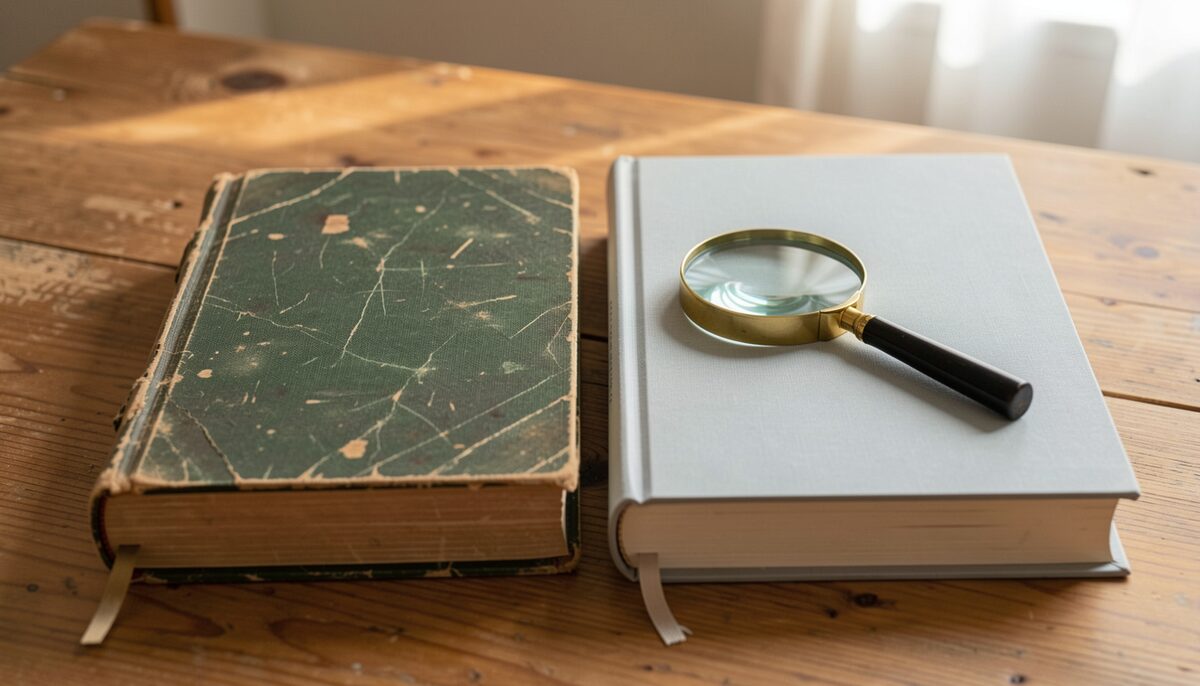 two clothbound volumes side by side on a wooden table, one worn and dark green, one clean and modern, a magnifying glass resting across both covers, plain unmarked covers